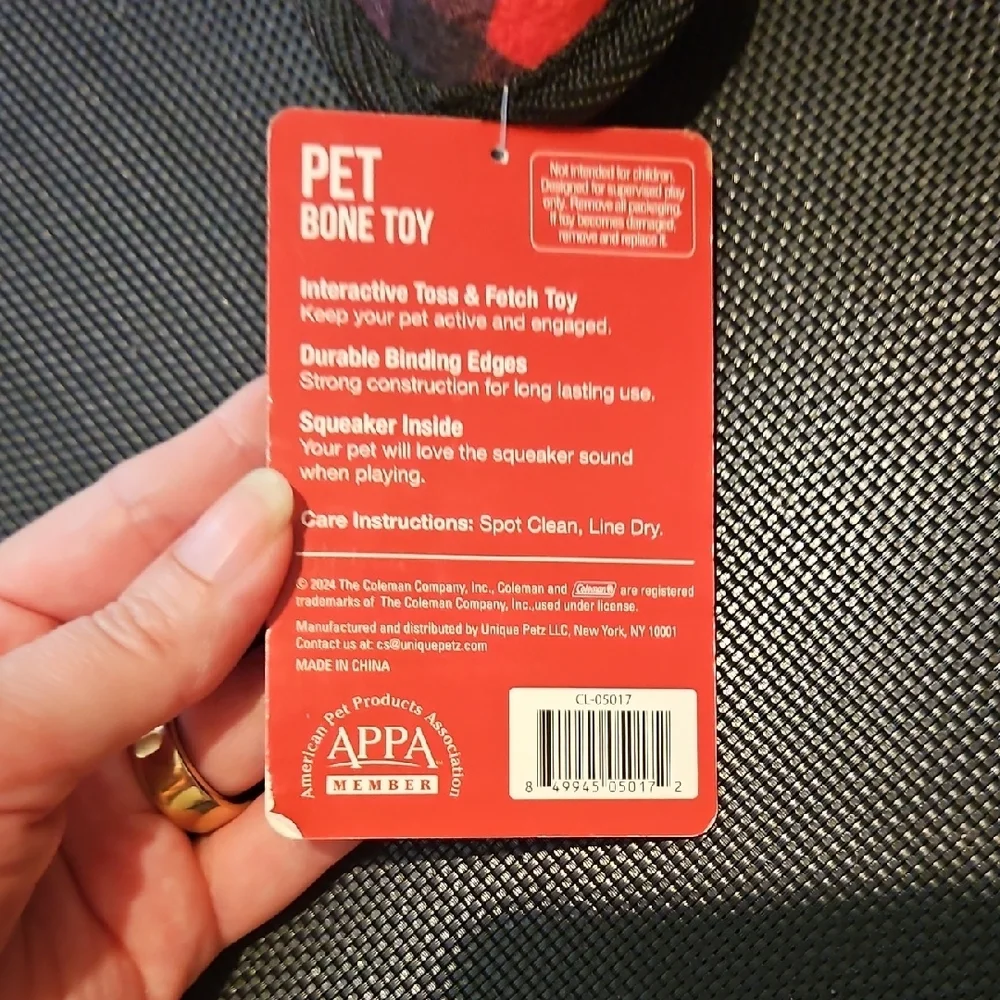 NWT Coleman Plaid Red and Black Dog Bone Squeaker Toy